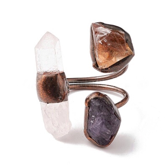 New Triple Crystal Gemstone Ring ~ Natural Amethyst Citrine Clear Quartz Copper - Picture 10 of 16
